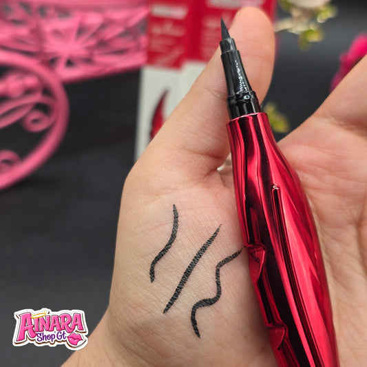 Delineador de ojos líquido negro AINARA SHOP GT con punta de precisión y empaque metálico rojo resistente al agua