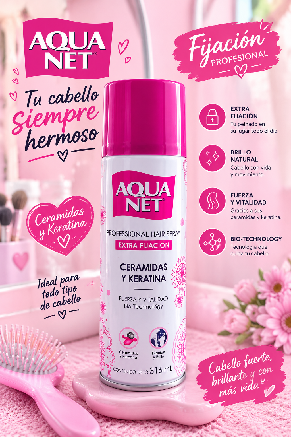AQUA NET - Spray Fijador de Cabello con Ceramidas y Keratina