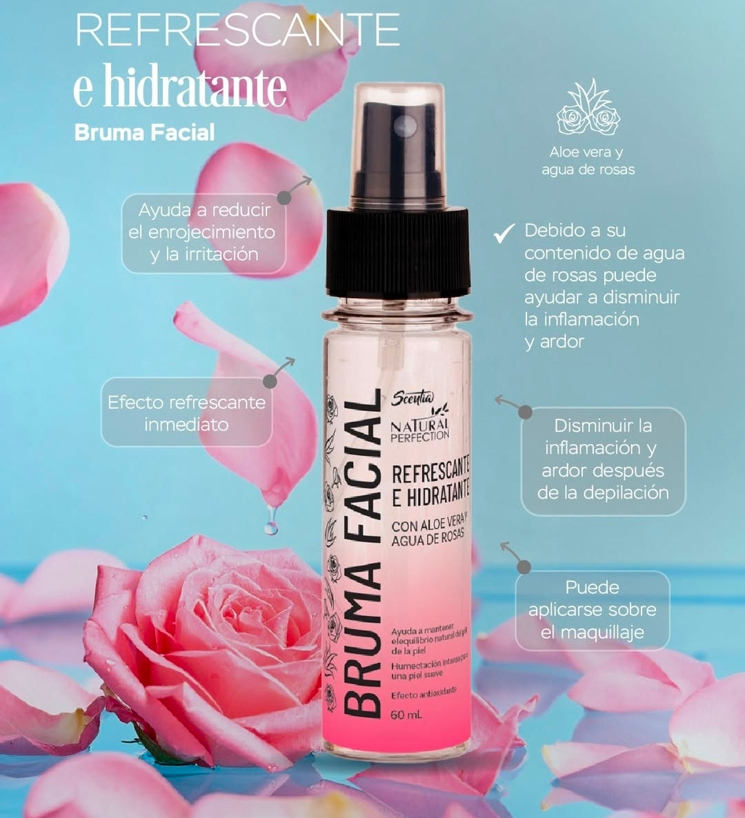 Bruma Facial Hidratante y Refrescante con Aloe Vera y Agua de Rosas